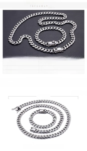 Detailed view of 13mm stainless steel Cuban chain necklace and bracelet with dimensions
