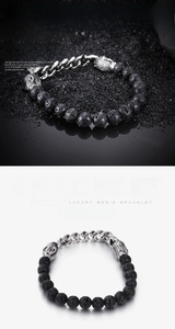 Detail of volcanic stone beads and silver Buddha head metal chain bracelet for men