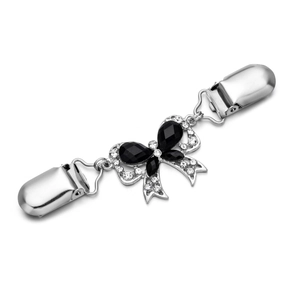 Clip per cardigan vintage a fiocco con pietre nere e strass in metallo argento