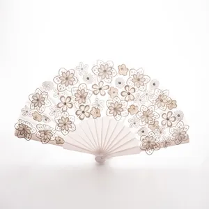 Elegant white double-layered lace folding fan with floral embroidery for weddings