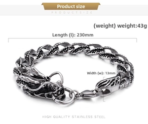 Detail of dragon head men's bracelet showing 43g weight, 230mm length, and 13mm width