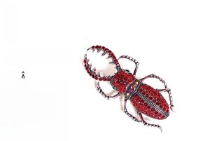 Détail macro d'une broche scarabée en strass rouges et finition argentée vintage