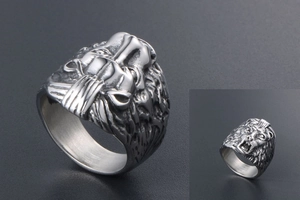 Detailed close-up of a vintage silver lion head ring made of premium titanium steel