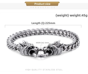 Detailed size chart of stainless steel double dragon head bracelet with length 225mm