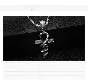 Detailed shot of a gothic stainless steel snake wrapped around a cross pendant necklace