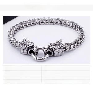 Close-up of dual wolf head bite ring design on heavy stainless steel punk bracelet