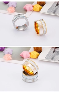 Detail of wide band ring with white shell inlay and rectangular cubic zirconia accents
