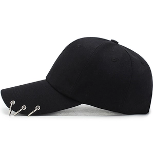 Classic black wool baseball cap with three silver metal rings on the brim for men and women