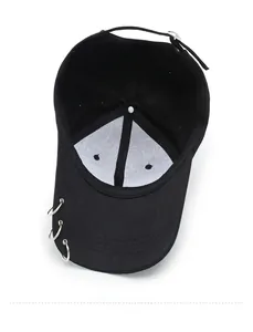Detail of black baseball cap interior with breathable lining and metal ring accents