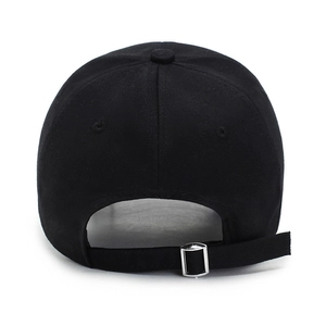 Adjustable black wool-like baseball cap with a silver square metal buckle on the back