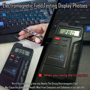 Men's magnetic therapy bracelet demonstrating electromagnetic radiation reduction testing