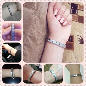 Collage of silver titanium magnetic therapy bracelet worn on wrist in various daily settings