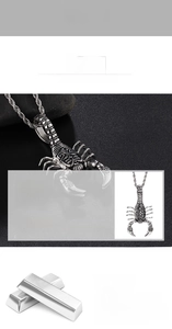 Detailed view of large stainless steel scorpion pendant with intricate carving on 316L steel
