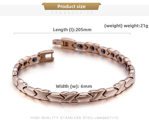 Detailed view of rose gold magnetic therapy bracelet with X-shaped links and size 205x6mm