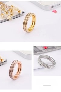 Detail of double-row rhinestone inlay on stainless steel rings in gold, silver and rose gold