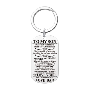 Polished silver stainless steel dog tag keychain with engraved To My Son message