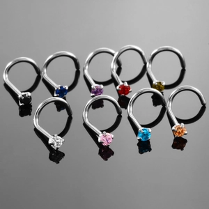 Set of 9 stainless steel L-shaped nose studs with multi-colored round zircon gemstones