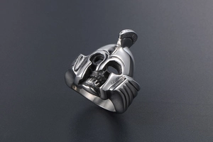 Detailed view of a vintage silver Spartan helmet skull ring made of durable titanium steel