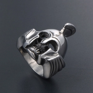 Hardcore vintage Spartan helmet skull ring in dark silver titanium steel for men