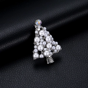 Elegant silver Christmas tree brooch with white pearls and AB rhinestone on black leather