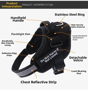 Close-up of durable dog harness with reflective strips, sturdy handle and breathable mesh lining