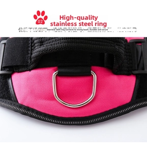 Close-up of durable pink dog harness featuring a high-strength stainless steel D-ring