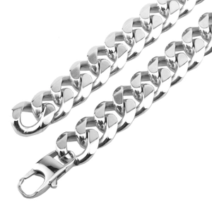 Polished silver stainless steel Cuban link chain necklace for men on a white background
