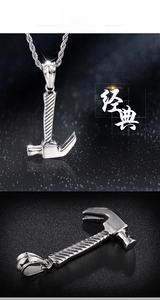 Polished stainless steel hammer pendant with a high-gloss mirror finish on a twisted chain