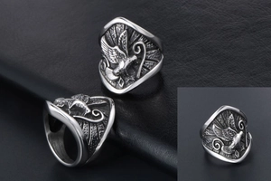 Vues détaillées de la bague aigle vintage avec relief colombe et finition argentée antique