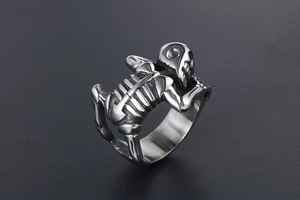 Detailed side view of a gothic skull skeleton ring in polished silver titanium steel