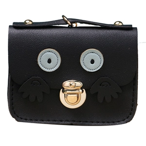 Black cartoon owl coin purse made of synthetic leather with gold metal clasp details
