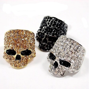 Hip hop punk style skull rings set with rhinestones in gold black and silver finish