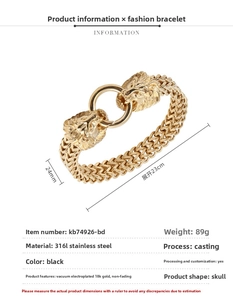 Detail view of 18K gold plated stainless steel bracelet with dual lion head design and specs