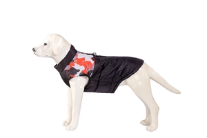 Detail view of winter dog vest with black quilted fabric and camouflage pattern