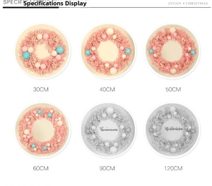 Detailed grid showing pink and white Christmas wreaths in sizes from 30cm to 120cm