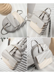 Detail shots of gray and beige color-block mini backpack with textured faux leather