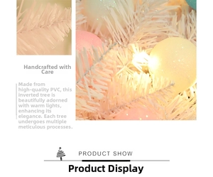 Detail of macaron baubles on white PVC upside-down Christmas tree with LED lights