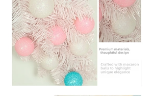 Macro shot of macaron-colored glitter ornaments and white pine needles for Christmas