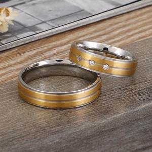 Frosted gold and silver titanium steel couple rings with three inlaid zircons