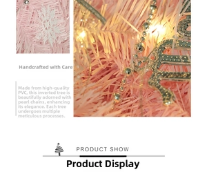 Pink PVC upside-down Christmas tree detail with silver snowflakes and warm LED lights
