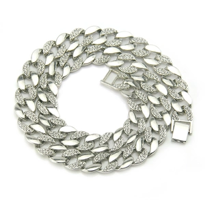 Mens hiphop style iced out silver Cuban link chain necklace with sparkling rhinestones