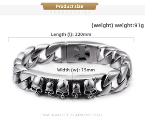 Detail shot of punk skull bracelet with dimensions 220mm length and 15mm width
