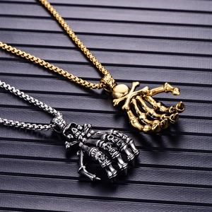 Retro punk ghost hand skull bone pendant necklace in gold and silver stainless steel