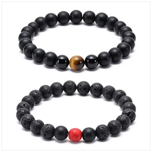 Natural tiger eye stone and black lava rock beaded bracelets for couples set