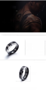 Detail of 8mm black matte tungsten steel ring with polished silver edges and dimensions