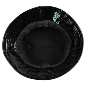 Top view of a glossy black patent leather bucket hat with a shiny finish and stitch details
