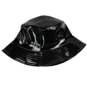 Fashionable shiny black patent leather bucket hat with a glossy finish for style