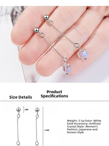 Detailed size specifications of long crystal cube earrings with silver metal chain