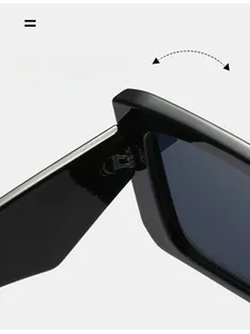 Detail of durable metal hinges and size specs on chic square frame sunglasses