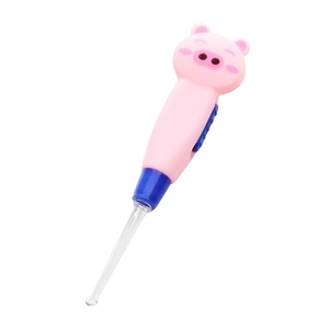 Pink cartoon pig LED earwax removal tool with illuminated tip on a white background